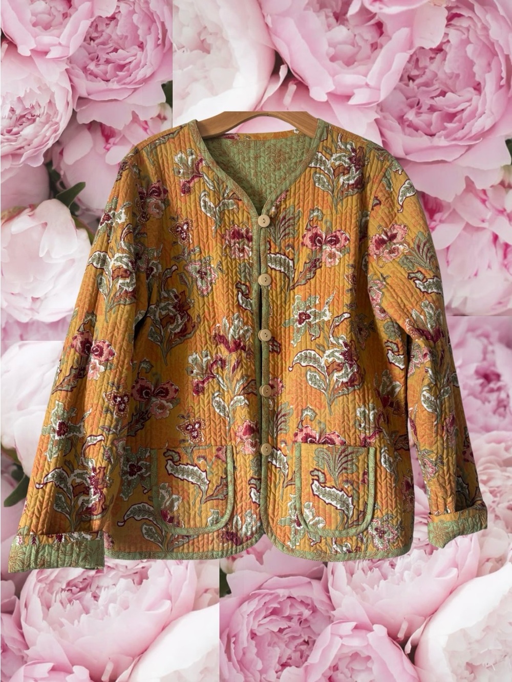 Reversible Quilted Embroidered Floral Button Jacket Green Yellow